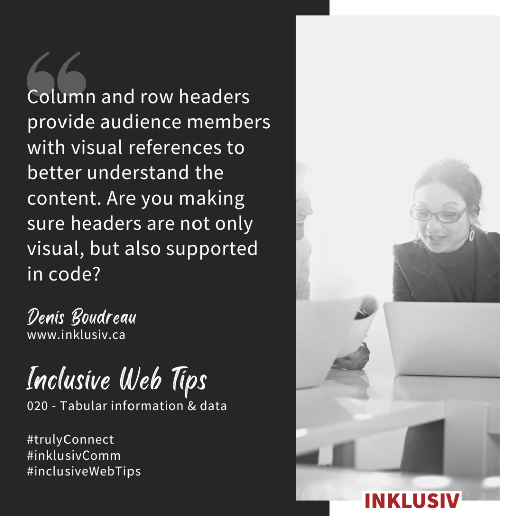 Column and row headers provide audience members with visual references to better understand the content. Are you making sure headers are not only visual, but also supported in code?