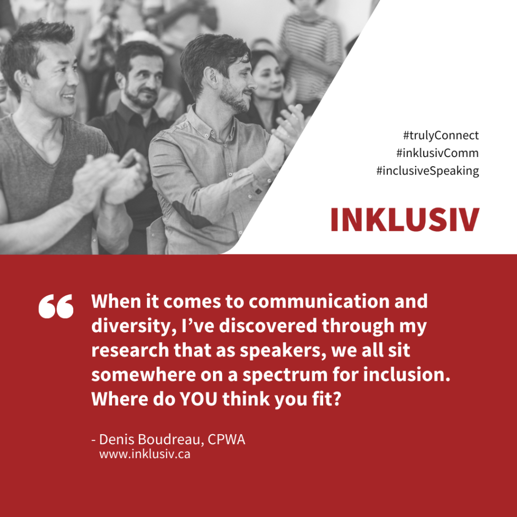When it comes to communication and diversity, I’ve discovered through my research that as speakers, we all sit somewhere on a spectrum for inclusion. Where do YOU think you fit?