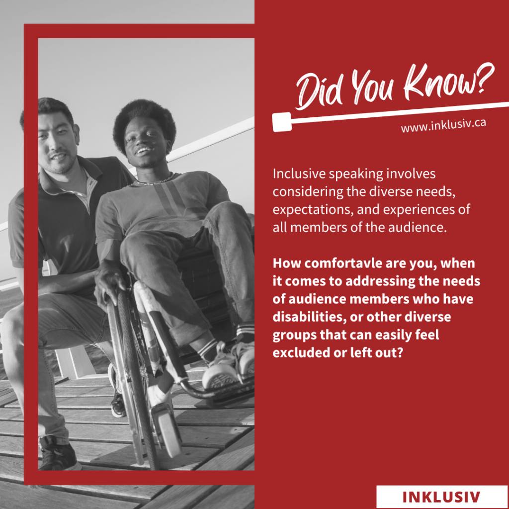 Inclusive speaking involves considering the diverse needs, expectations, and experiences of all members of the audience. How comfortavle are you, when it comes to addressing the needs of audience members who have disabilities, or other diverse groups that can easily feel excluded or left out?