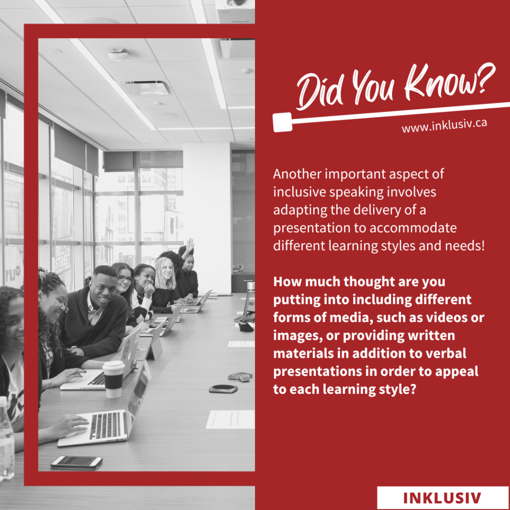 Another important aspect of inclusive speaking involves adapting the delivery of a presentation to accommodate different learning styles and needs! How much thought are you putting into including different forms of media, such as videos or images, or providing written materials in addition to verbal presentations in order to appeal to each learning style?