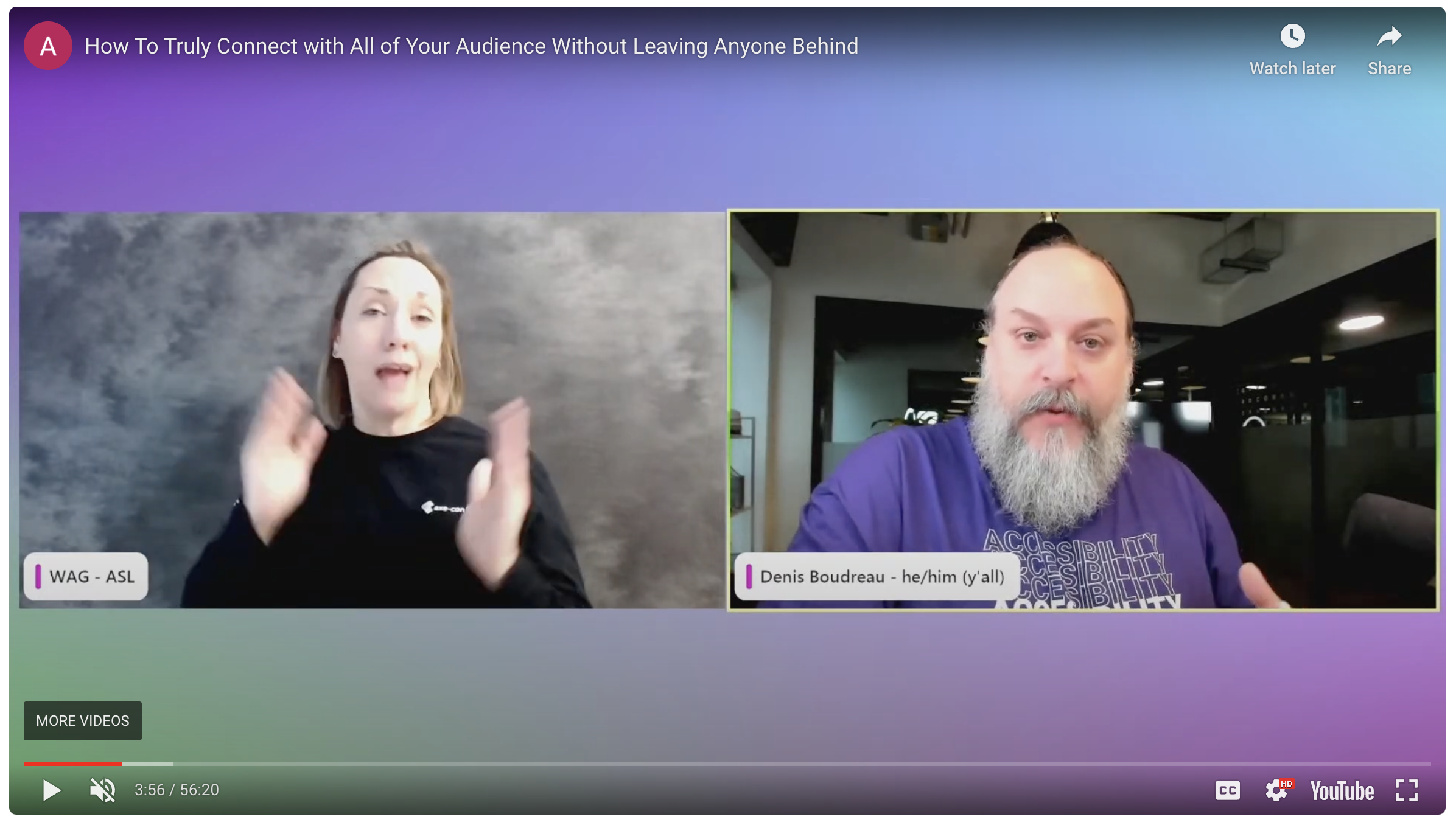 Screen capture of the media player from my presentation, showing the sign language interpreter on the left hand side and me next to her in a second panel.