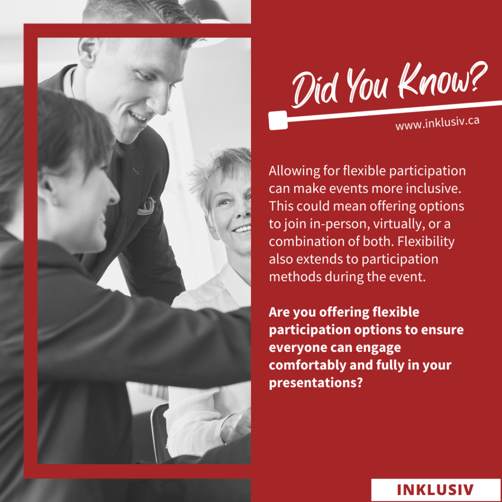 Allowing for flexible participation can make events more inclusive. This could mean offering options to join in-person, virtually, or a combination of both. Flexibility also extends to participation methods during the event. Are you offering flexible participation options to ensure everyone can engage comfortably and fully in your presentations?