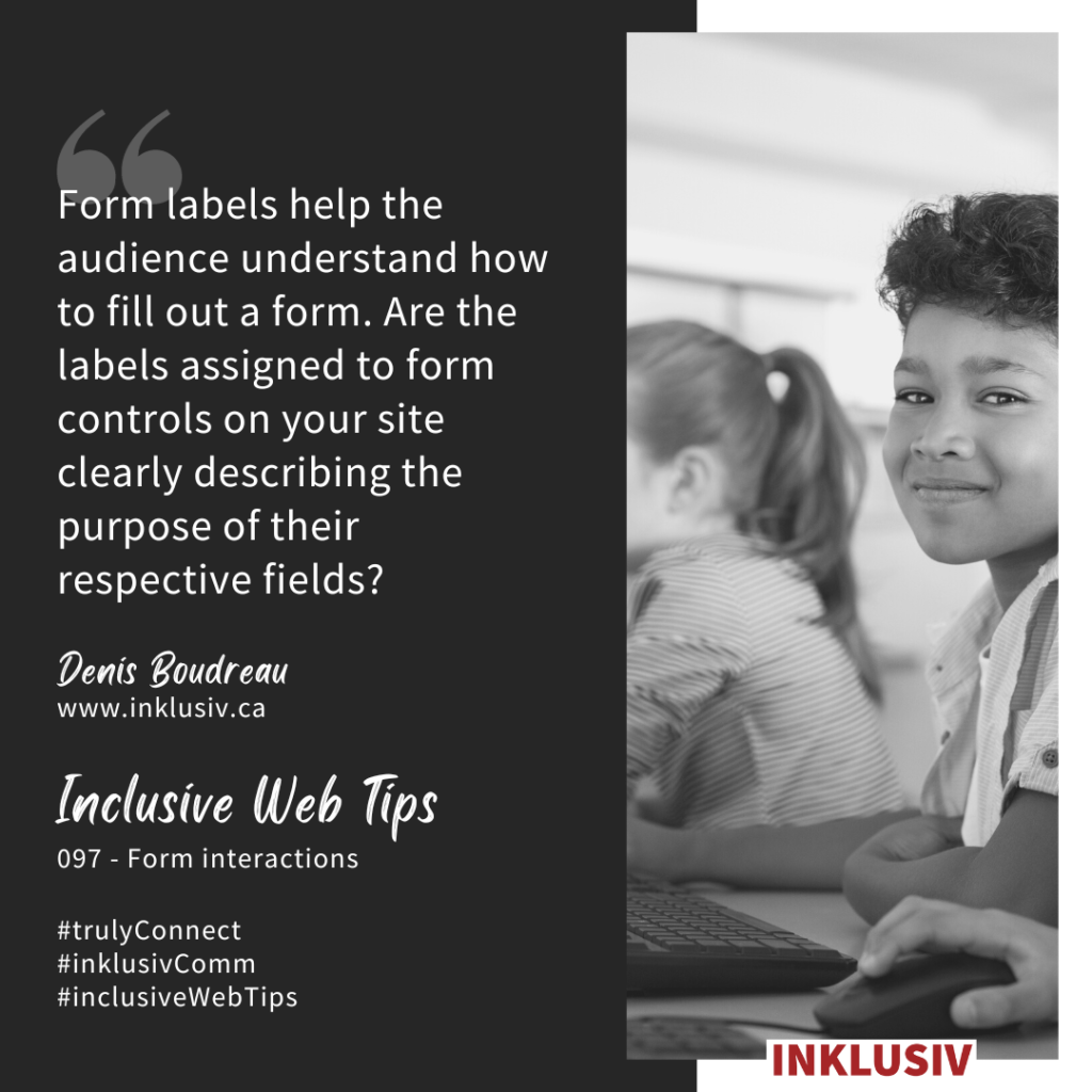 Form labels help the audience understand how to fill out a form. Are the labels assigned to form controls on your site clearly describing the purpose of their respective fields? Form interactions