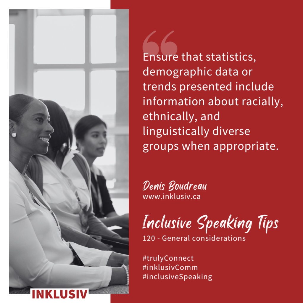 Ensure that statistics, demographic data or trends presented include information about racially, ethnically, and linguistically diverse groups when appropriate. General considerations